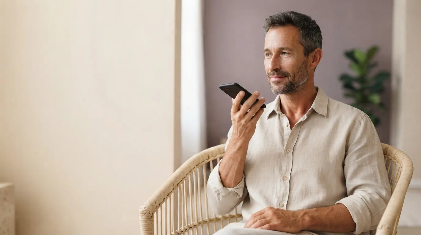 Ein Mann sitzt in einem Korbsessel und spricht eine persönliche Nachricht in sein Smartphone.