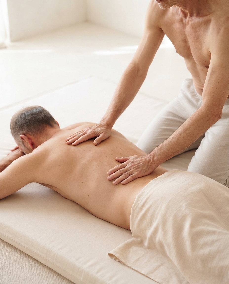 Ein Mann berührt einen anderen Mann während einer Tantra-Massage an der Schulter.