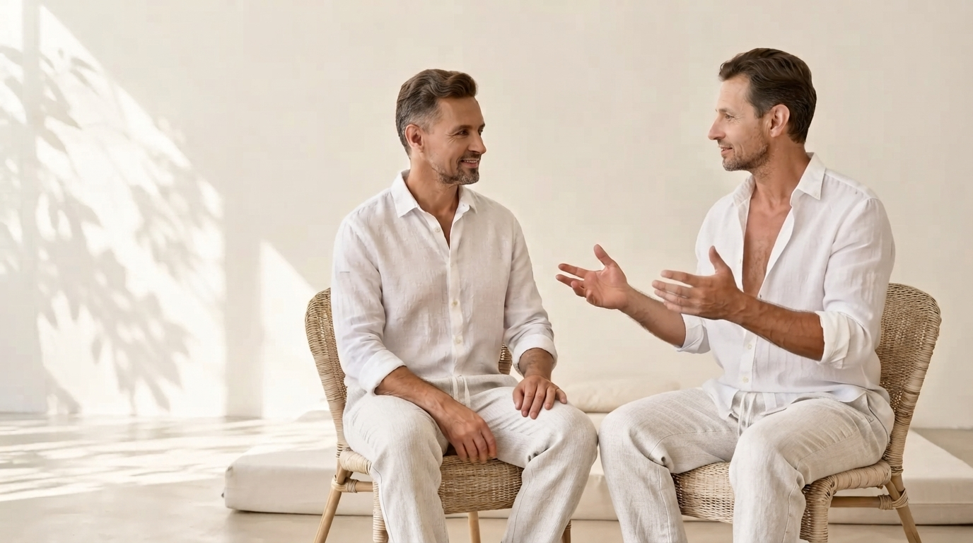 Ein Masseur erklärt einem Interessenten die Ratenzahlungsmöglichkeiten für die Tantra-Massage-Ausbildung.